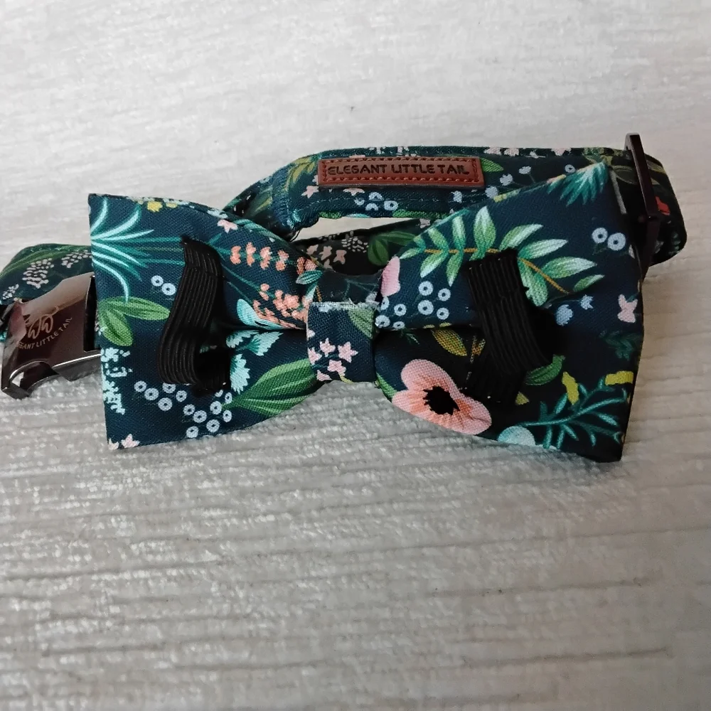 Pet Bow Tie and Collar Set Navy Spring Floral Size Medium 13.5